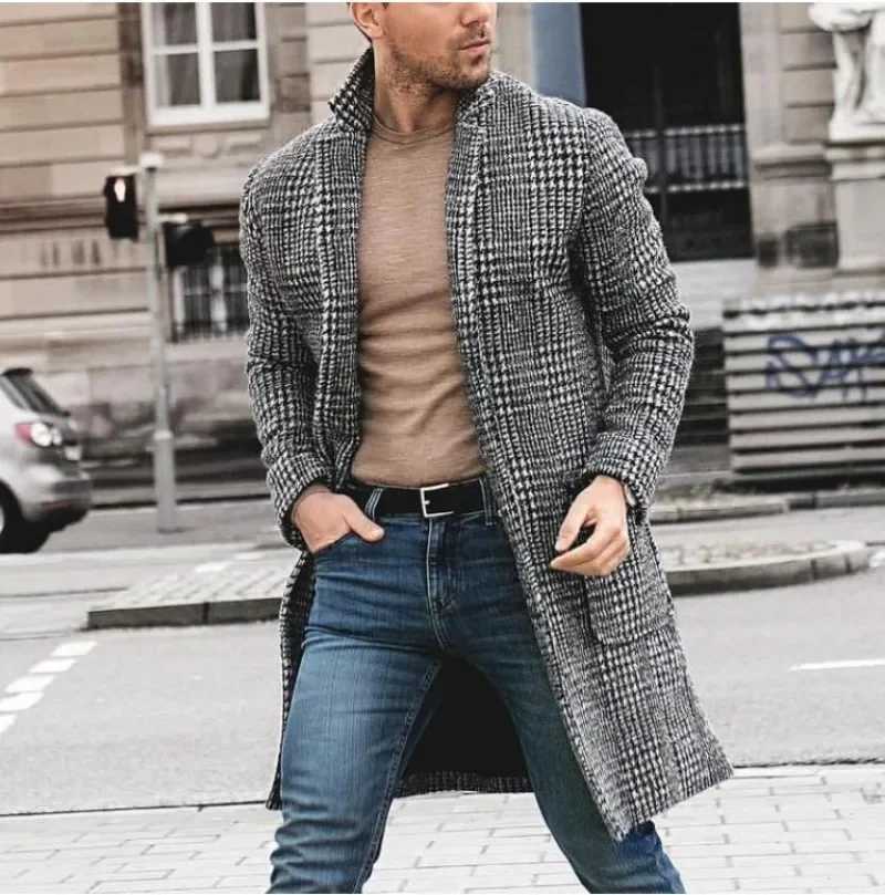Men Jacket Autumn and Winter Trend Long Thousand Bird Plaid Youth Woolen Coat MenXJ250827