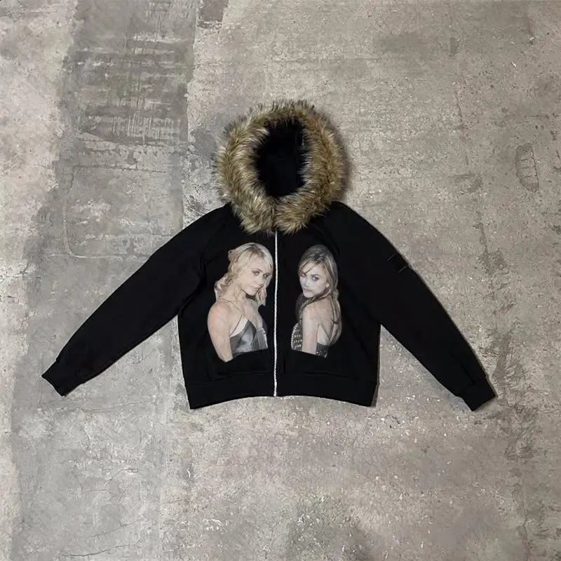 Y2k Graphic Hip Hop Punk Gothic Hoodies Clothes Faux Fur Collar Mens Zip Up Hoodies Streetwear Harajuku Aesthetics High Street 250818
