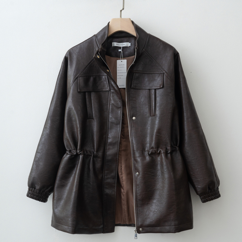 Women Fashion Fall Autumn Pu Leather Jacket with Elastic adjustable waist Female Coat and Outerwear 250826