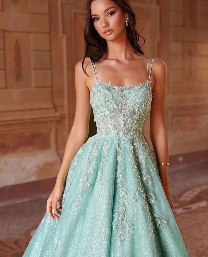 2026 New Modern Mint Green Prom Pageant Dress Spaghetti Straps Appliques Lace Sequins Tulle Evening Party Dresses Formal Gown robe de soiree