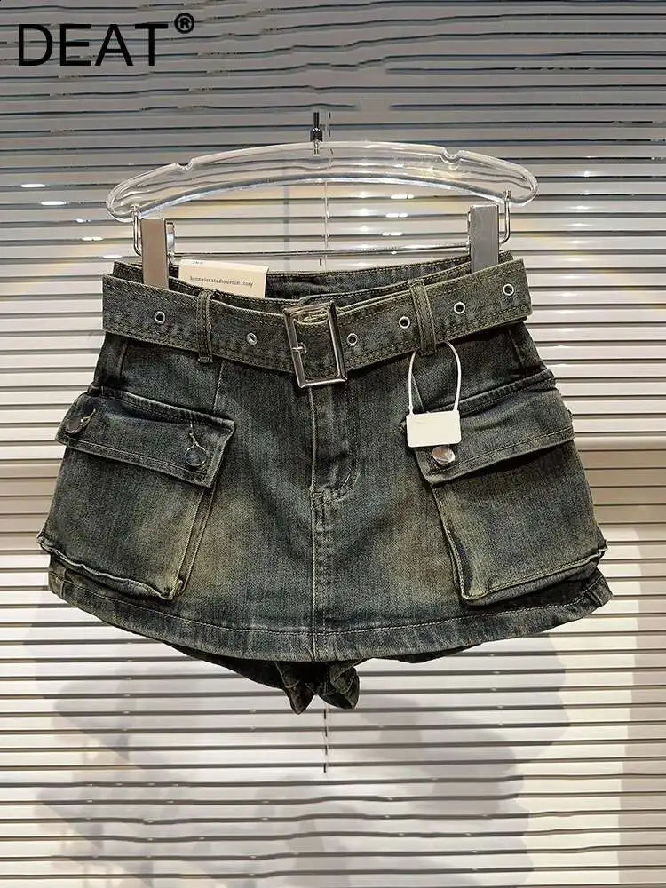 DEAT Fashion Simply Solid Color Belt Waist Shorts For Women Summer Casual High Mini Skirts Female 11XX5004 250827