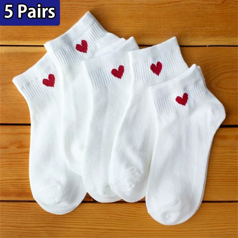 5 Pairs Lovely Heart Cotton Socks Women Summer Fashion Black White Sports Short Girls Cute Style Low Tube Boat 3540 250827