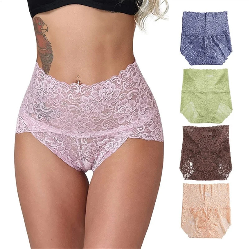 1Pc Fashion Women High Waist Plus Size Panties Lace Mesh Floral Transparent Briefs Underwear Solid Seamless Underpants Lingerie250826