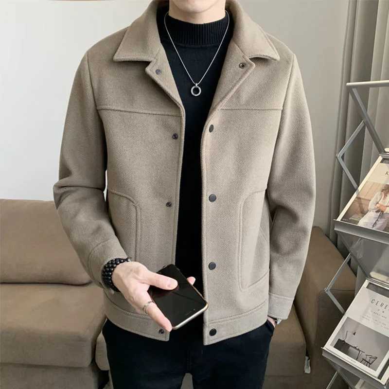 Autumn Winter Men Warm Jackets Turndown Collar Singlebreasted Woolen Coats Slim Fit Male Long Sleeve Solid Color OuterwearXJ250827