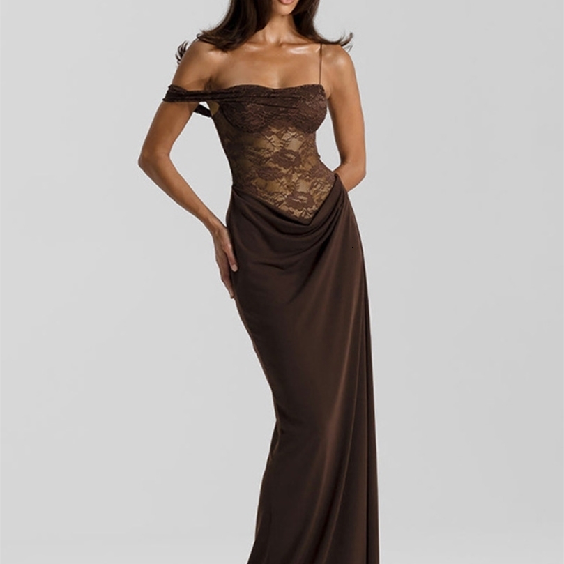 Mozision One Shoulder Lace See Through Sexy Maxi Dress Women Gown Fashion Offshoulder Sleeveless Backless Club Long Dressesww250826