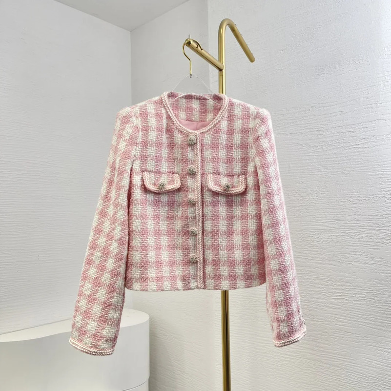 Autumn High Quality Sweet Pink Tweed Long Sleeve Jacket Tops for Women 250826
