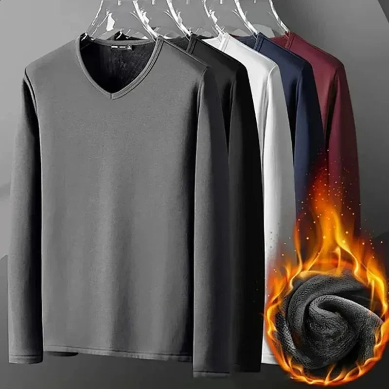 Mens Plush Thermal Long Sleeved TShirt Bottoming Shirt Round Neck Shirt Fashion Plus Velvet Padded Tshirt250826