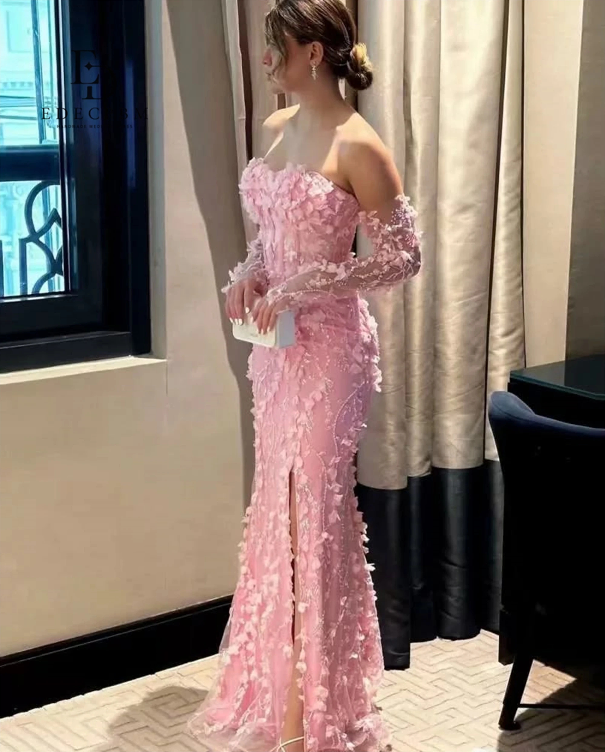2026 Luxury Pink Prom Pageant Dress Strapless 3D Flowers Lace Appliques Silt Mermaid Evening Party Dresses Formal Gown Gala robe de soiree