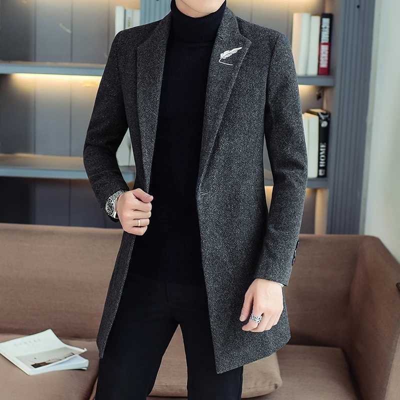 2025 Spring Autumn Mens Solid Woolen Coats Slim Fit MidLength Trench Overcoat Outerwear Wool Windbreaker JacketsXJ250827