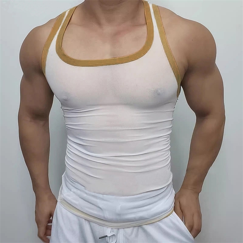 Men Mesh Tank Tops Summer 2025 Clubwear Casual Vest U Neck Sleeveless Contrast Color Fishnet Tshirt Comfortable Chic Tees250826ww