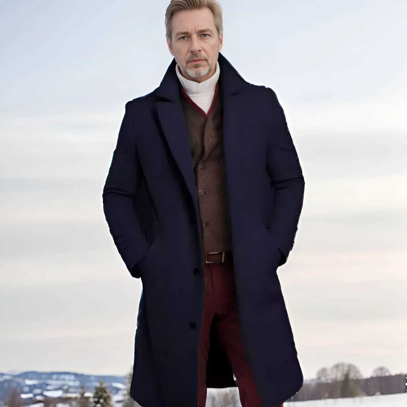 Gentlemans Casual Woolen Coat for Autumn and Winter Singlebreasted Lapel Warm Coat for European and American Young Men SXXLXJ250827