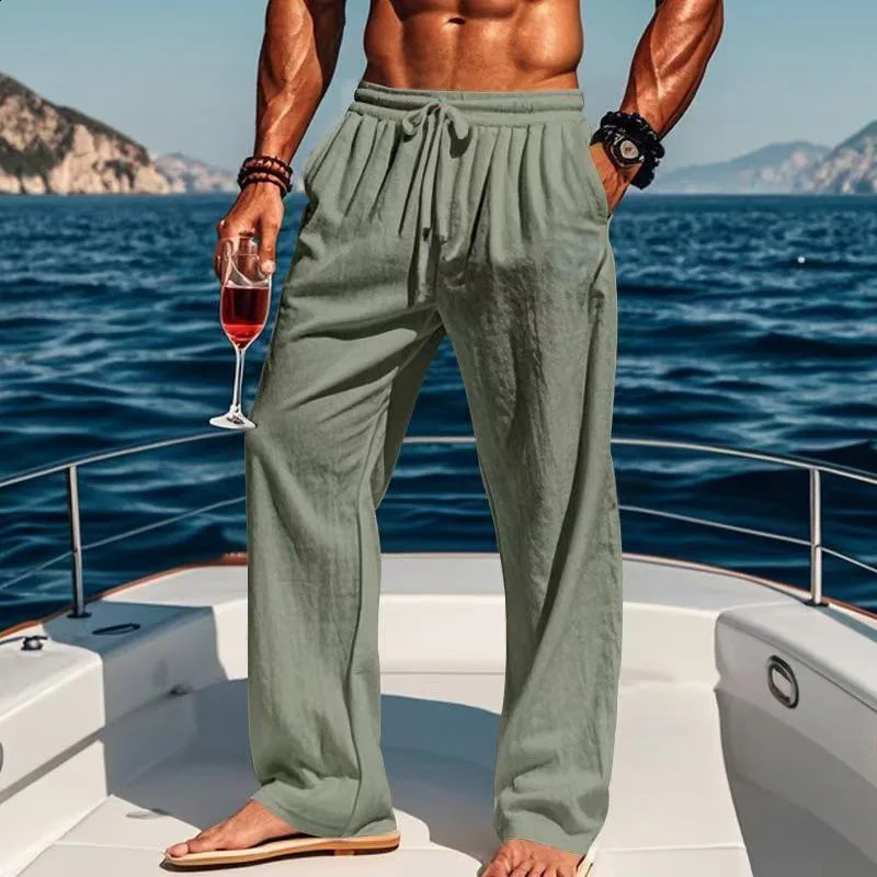 Spring and summer mens solidcolor cotton and linen casual long pants Hawaiian beach loose sports and breathable street pa250826