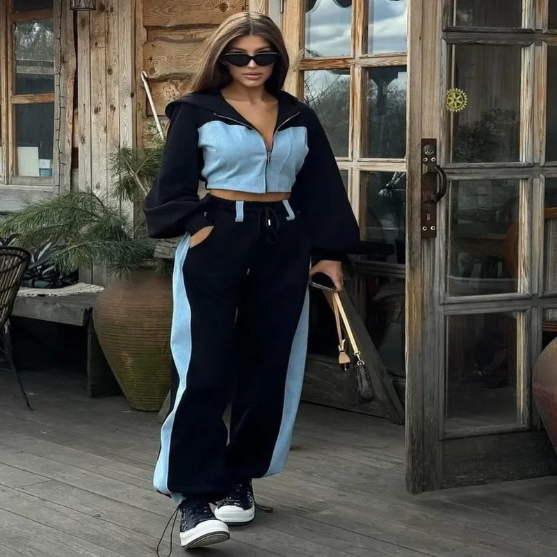 Zekye Autumn Spring Summer Hoodies 2 Piece Sets Long Sleeve Zipper Womens Tracksuit Crop Tops Wide Leg Sport Pants Set w250826