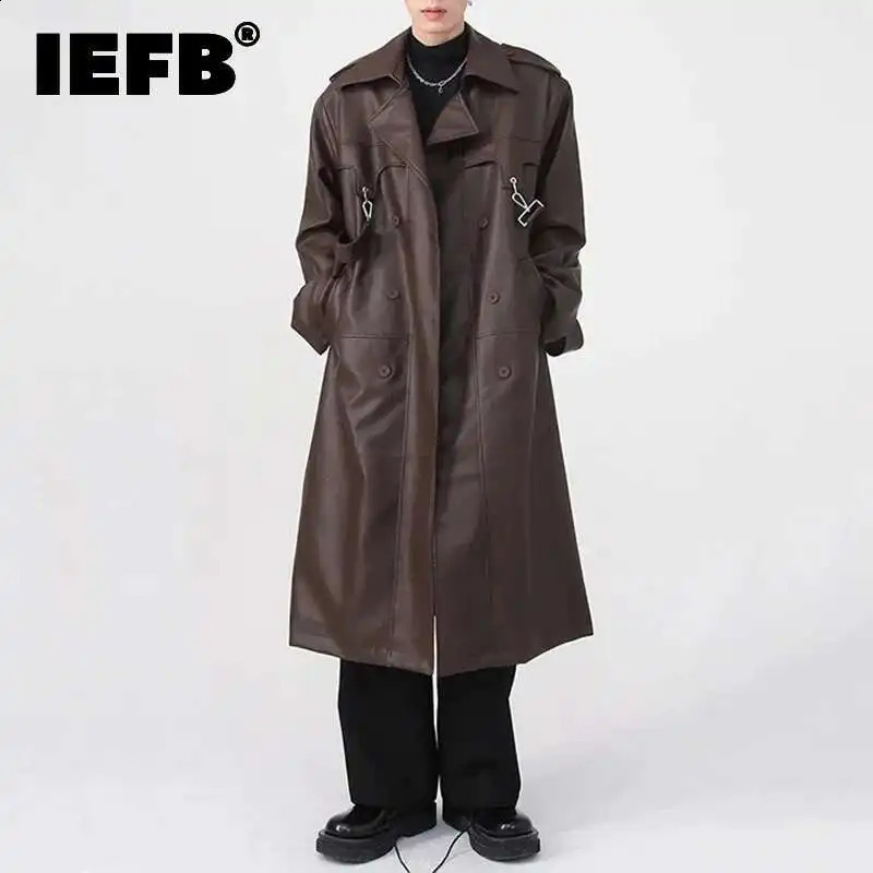 IEFB Niche Mens Windbreaker PU Leather Metal Zippers Shoulder Pad Solid Color Male Trench Fashion Autumn 9A6183 250827BJ