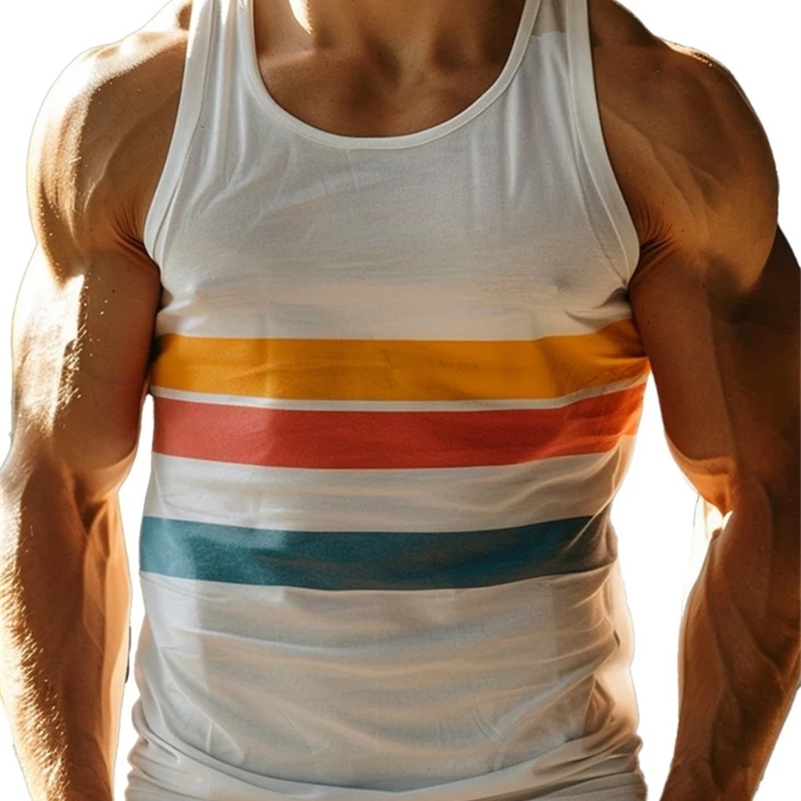 Retro Stripe Graphic Tank Tops For Men Fashion Casual Summer Sleeveless 3D Printed Vest Loose Crew Neck Quick Dry Sports Tees250827