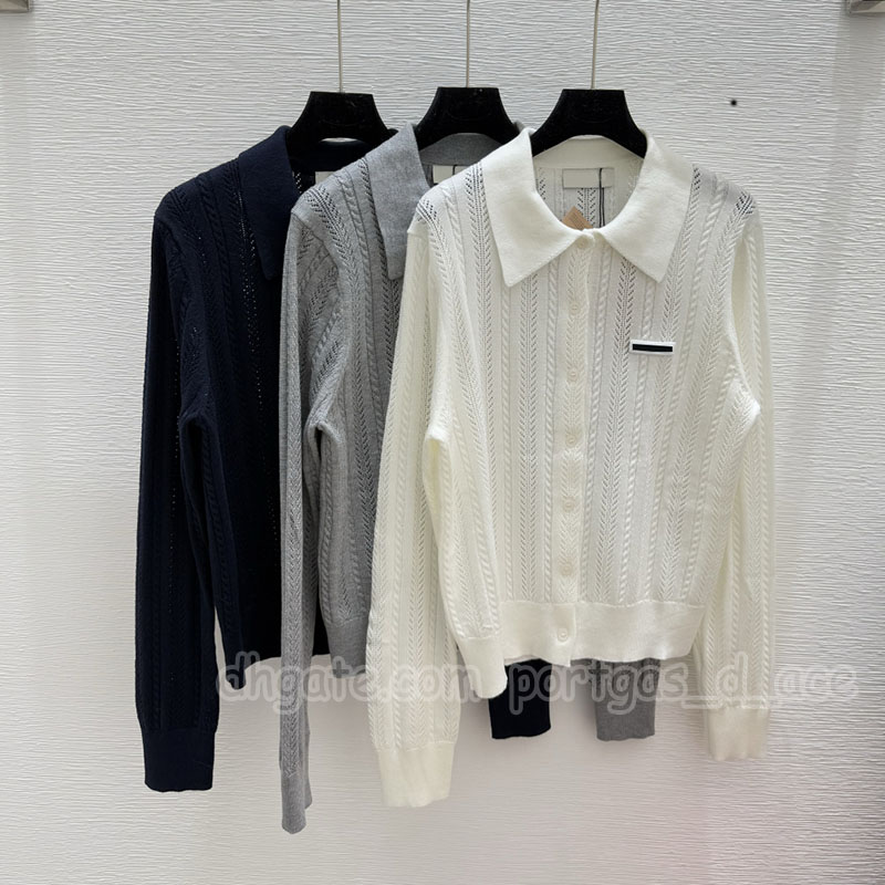 Luxury Letters Blue Women Cardigan Sweater Designer Long Sleeve Lapel Hollow Knits Summer Autumn Elegant Vacation Knitted Blouse