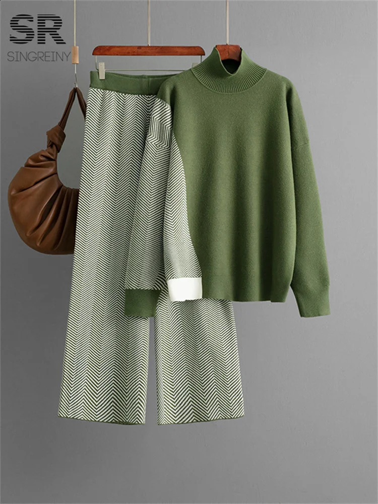 SINGREINY Winter Knitted Two Pieces Suits Women Half High Collar PulloverWide Leg Long Pants Color Block Sweater Loose 2pcs Set 250826