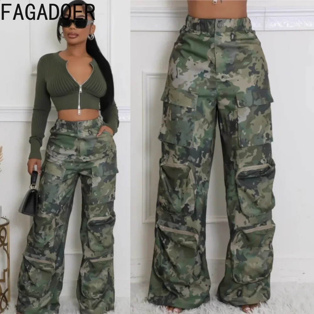 FAGADOER Fashion Camouflage Straight Pants Women Buttons High Waist Cargo Pocket Patchwork Wide Leg Trousers Y2K Streetwear 250827
