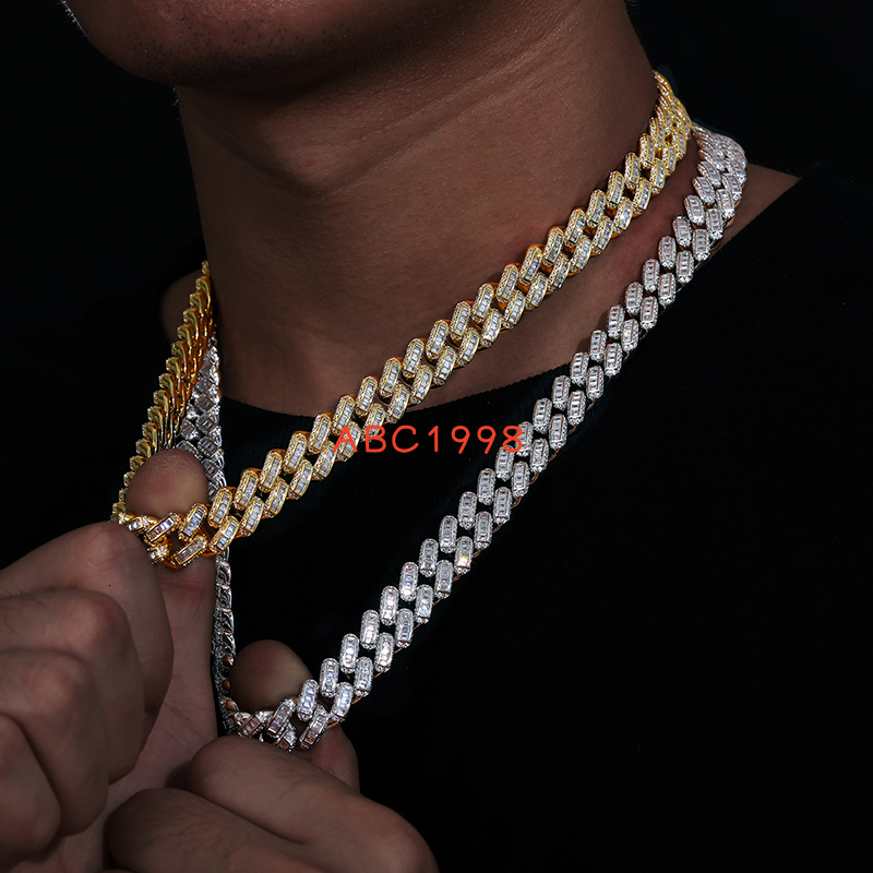 Hot Sale Rappers Hip Hop Jewelry 12mm 925 Sterling Silver VVS Baguette Moissanite Diamond Iced Out Cuban Link Chain Necklace