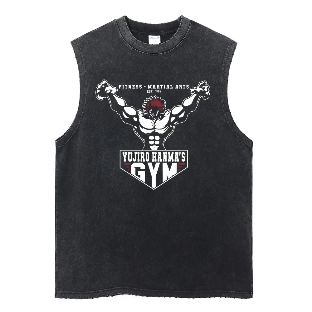 Summer Black Washed Vest Hip Hop Streetwear Tank Top Oversized Cotton T Shirt Anime Graphic Character Print Vest Tee Top250827