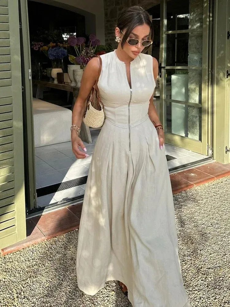 Fashion Sleeveless Spliced Zipper Long Dress Elegant Vneck High Waist Slim Pleated Maxi Dresses Summer Office Lady Street Robes 250827