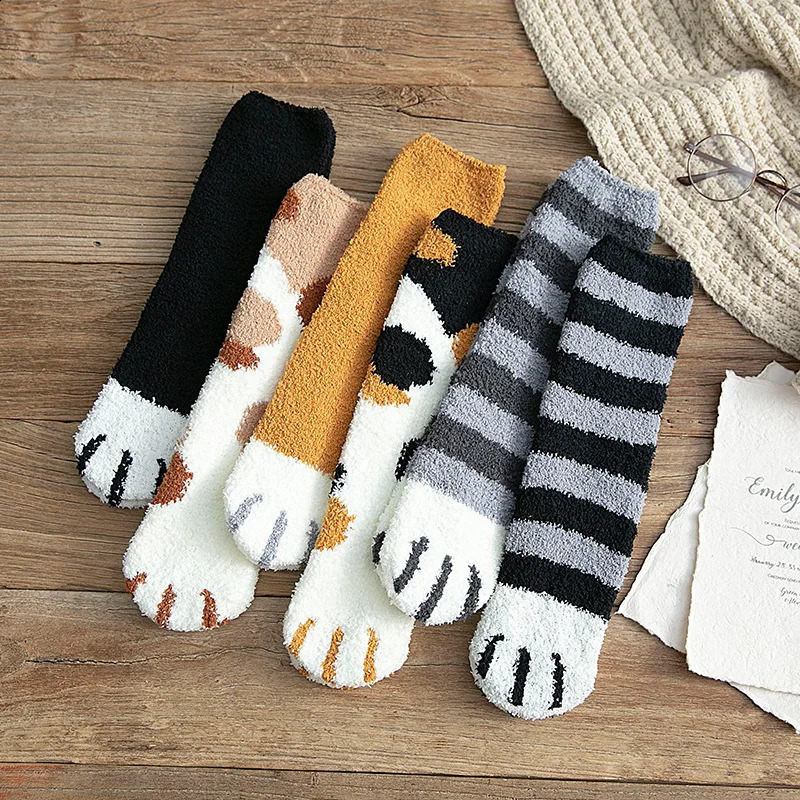 Autumn Winter Coral Velvet Socks Cute Cat Claw For Women Children Girls Middle Tube Thickened Sleep Home Floor 250827