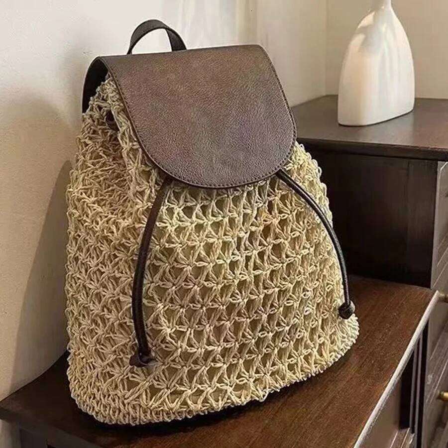 Designer Bags Summer Hollowed-Out Straw Flip Backpack Patchwork Handwoven Drawstring Bagpack For Women's Beach Vacation Holiday Shoulder Bags L