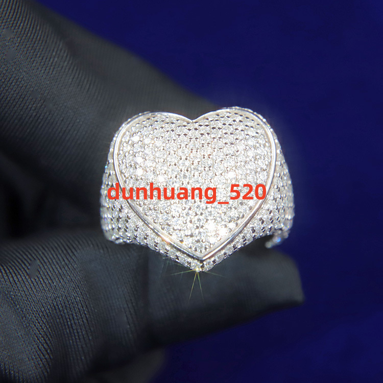 RTS Make Luxury Big Heart Iced Out Moissanite Hiphop Ring White Gold Plated 925 Silver Ring for Men