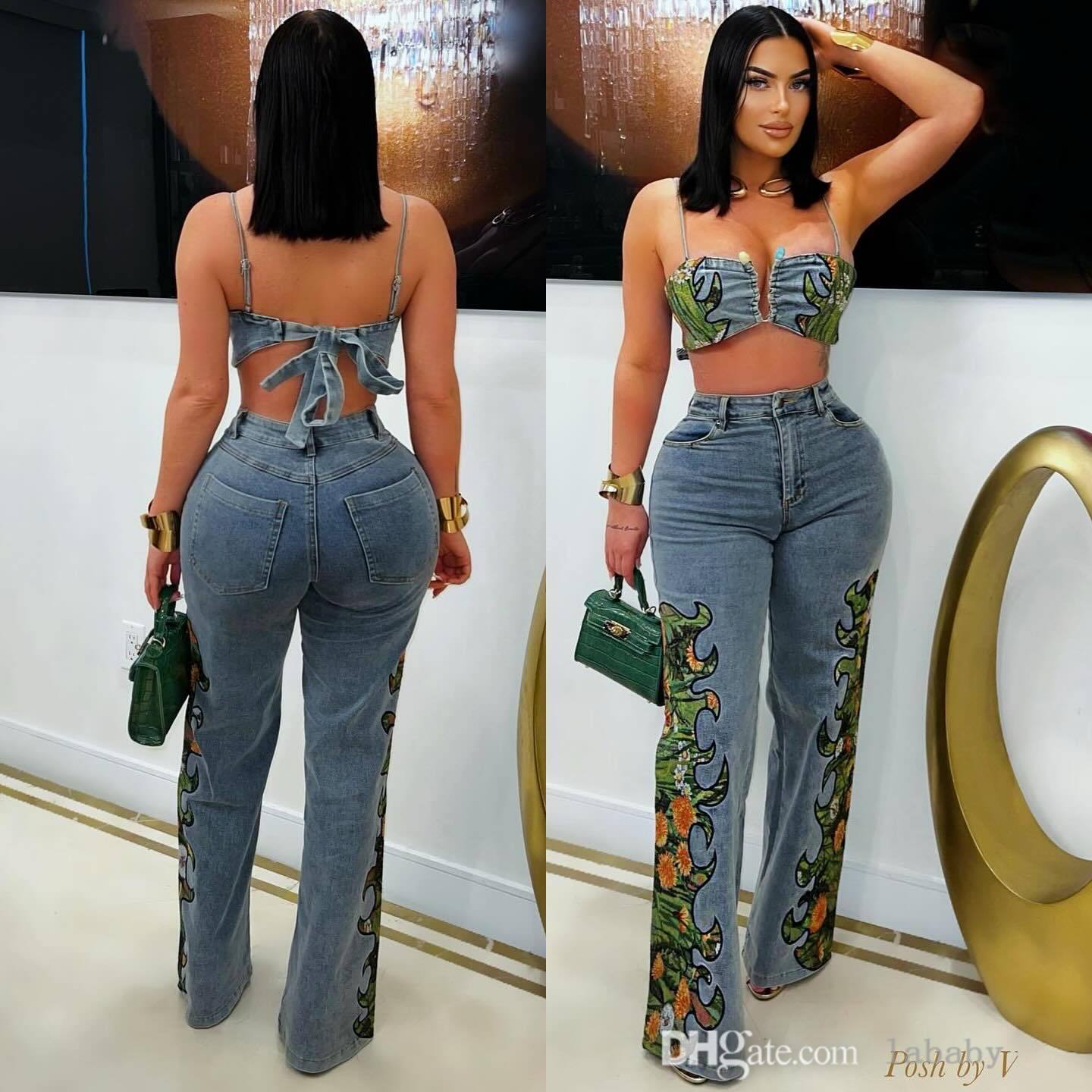 Fashion Street Denim 2 Piece Set Women Tracksuit Sexy Tank Top Floral Printed Crop Top And Wide Leg Jeans Pants Suit