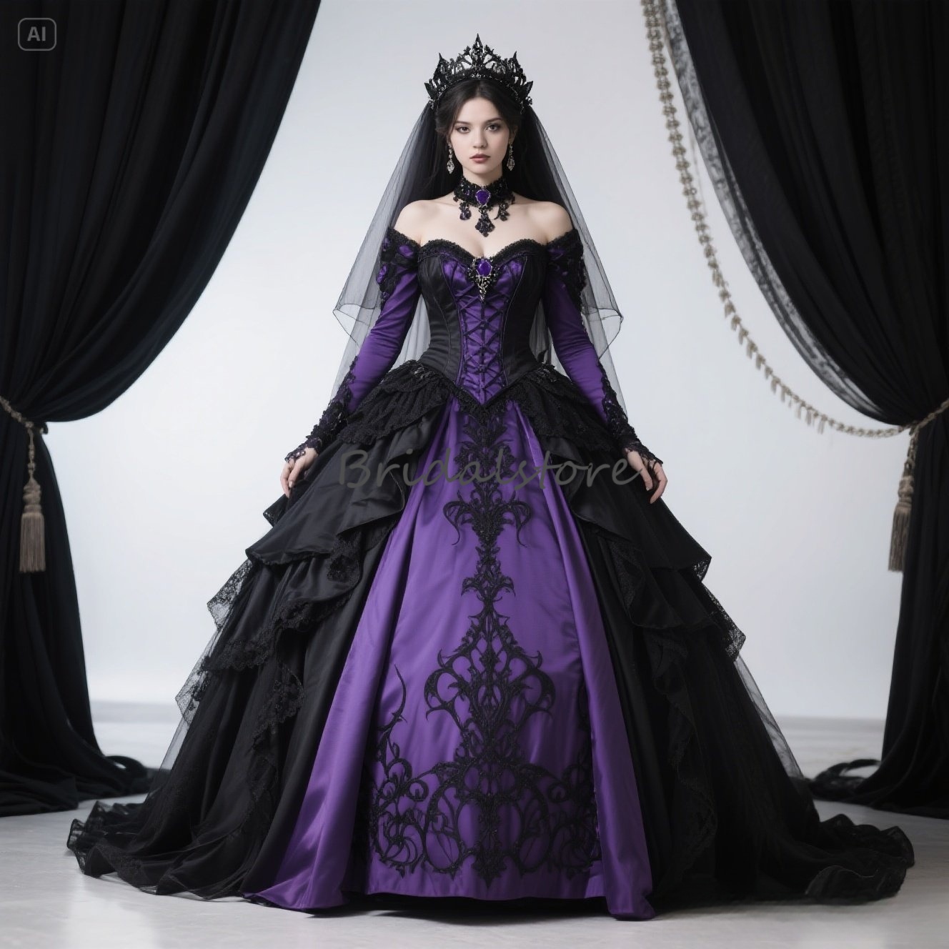 Dark Romantic Black And Purple Gothic Wedding Dress Ball Gown Long Sleeve Lace Medieval Renaissance Bridal Dress 70s Vampire Fantasy Victorian Bride