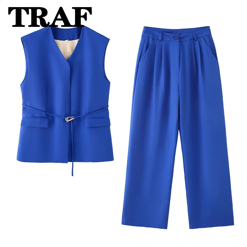 TRAF Woman Outfit Office Long Pants Sets For Women 2 Piece Fashion With Belt Vest Coat Trousers Two Set Womens Suit 250827