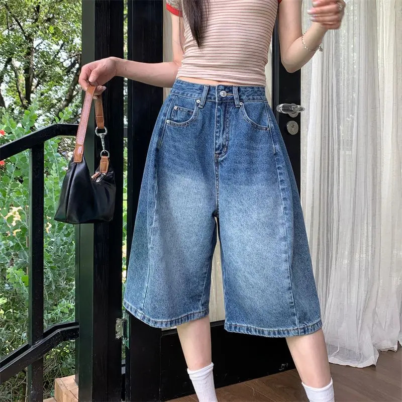 Vintage Y2K Wash Whiskers Denim Shorts Women 2000s Distressed Frayed Blue Wide Leg Baggy Jeans Jorts Casual Summer Clothes 250827
