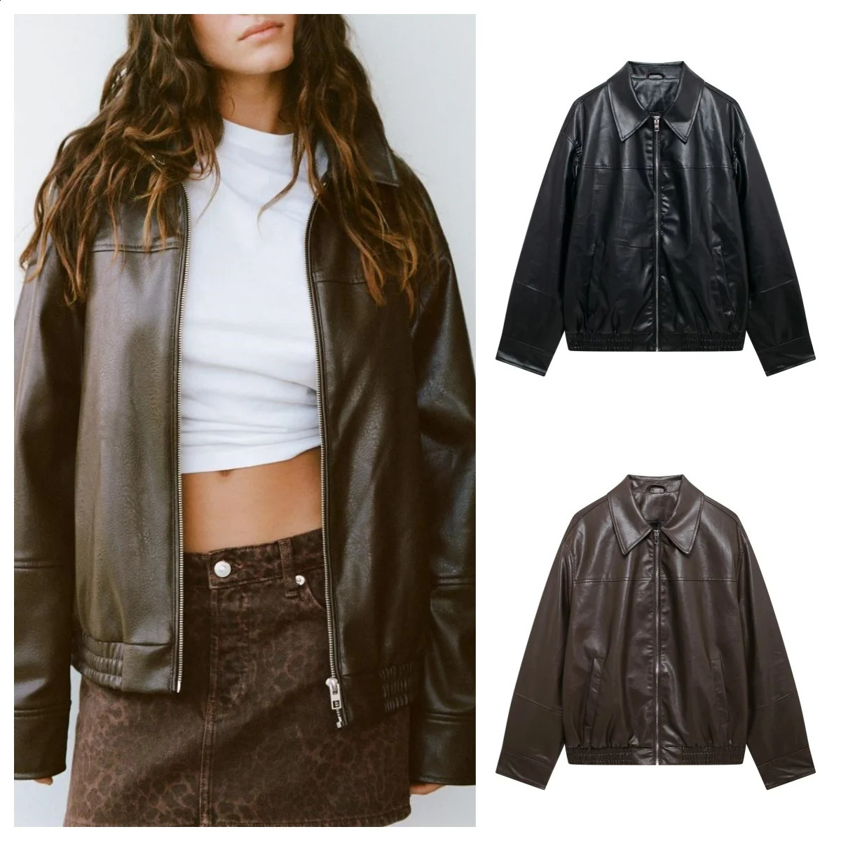 Fashionable and versatile loose lapel zipper leather pilot jacket coat womens autumn PU 250827