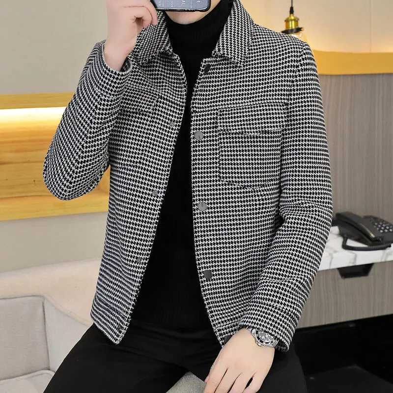 2025 Autumn Winter Streetwear Slim Fit Windbreaker Jackets Clothing Casual Mens Plaid Short Woolen Coats Checkered Tops ParkasXJ250827