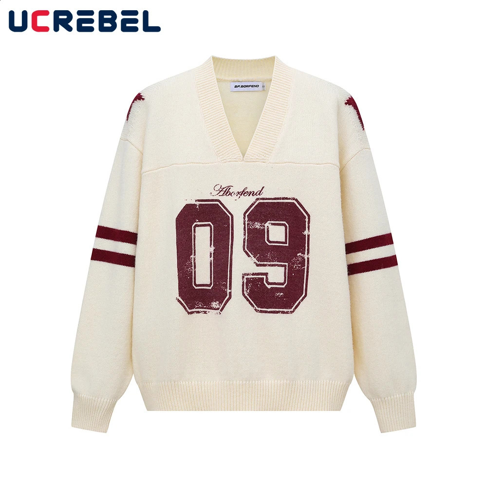 Letter Print Knitted Sweater Mens Autumn Winter Retro High Street Vneck Long Sleeve Pullover Man 250826