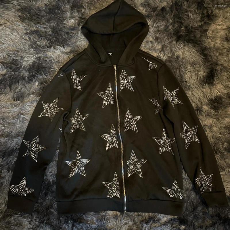 Men's Hoodies Hip Hop Shine Star Rhinestone Zip Up Hoodie Vintage 2000s Oversized Sweatshirt Casual Jackets Women Clothing
