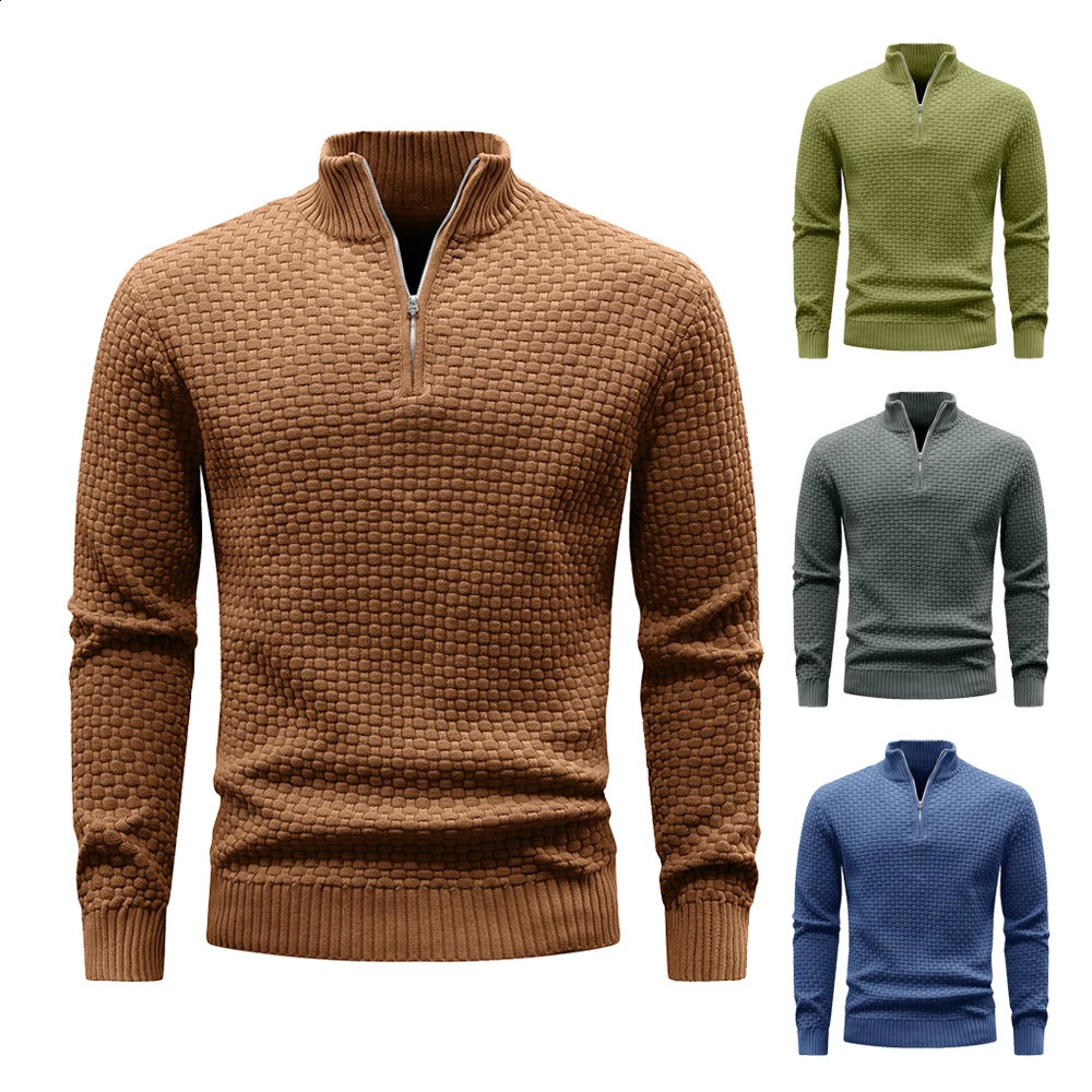 Mens Sweater Spring Outer Wear Quarter Zip Sweaters Polo Pullover Cable Knit Mock Neck Turtleneck Top US Size 250826