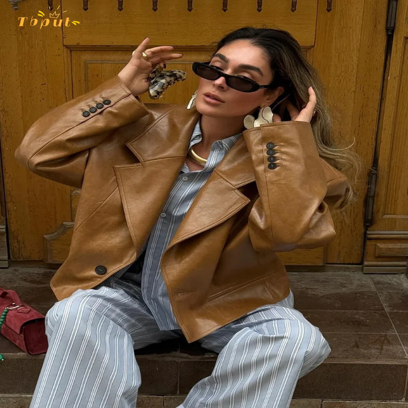 Brown Pu Leather Oversize Bomber Jacket Women Fashion Vintage Lapel Long Sleeve Single Breast Coat Autumn Street Outerwear 250826
