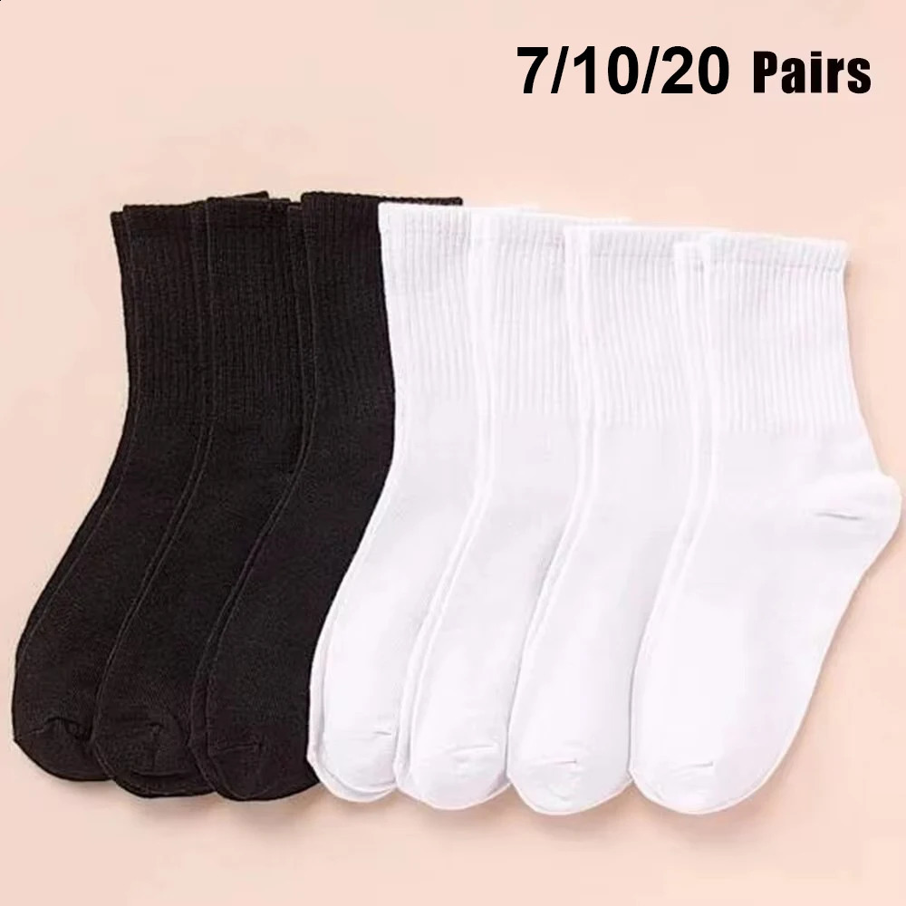 7/10/20 Pairs Mid Length Socks Women Classic Black White Solid Color Fashionable Casual Sports Absorbing Breathable Men Socks250827