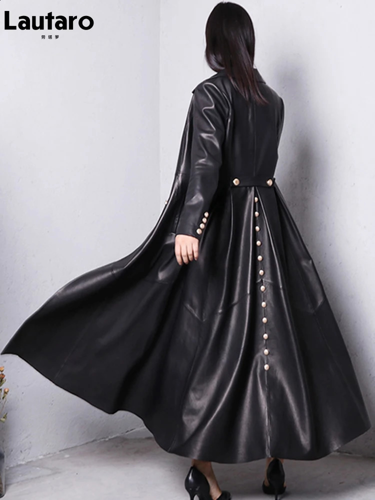 Lautaro Autumn Long Skirted Red Black Faux Leather Trench Coat for Women Double Breasted Elegant y Fashion 4xl 5xl 6xl 7xl 250827