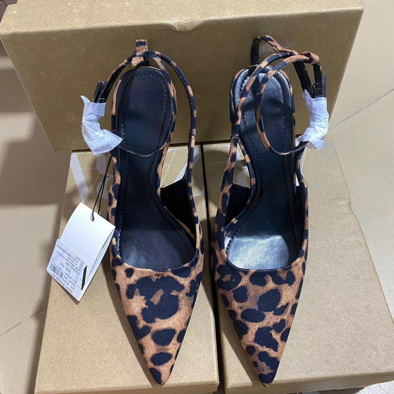 Elegant Royal Women's Leopard-Print Baotou High Heeled Open One-Character Stiletto for Spring Summer