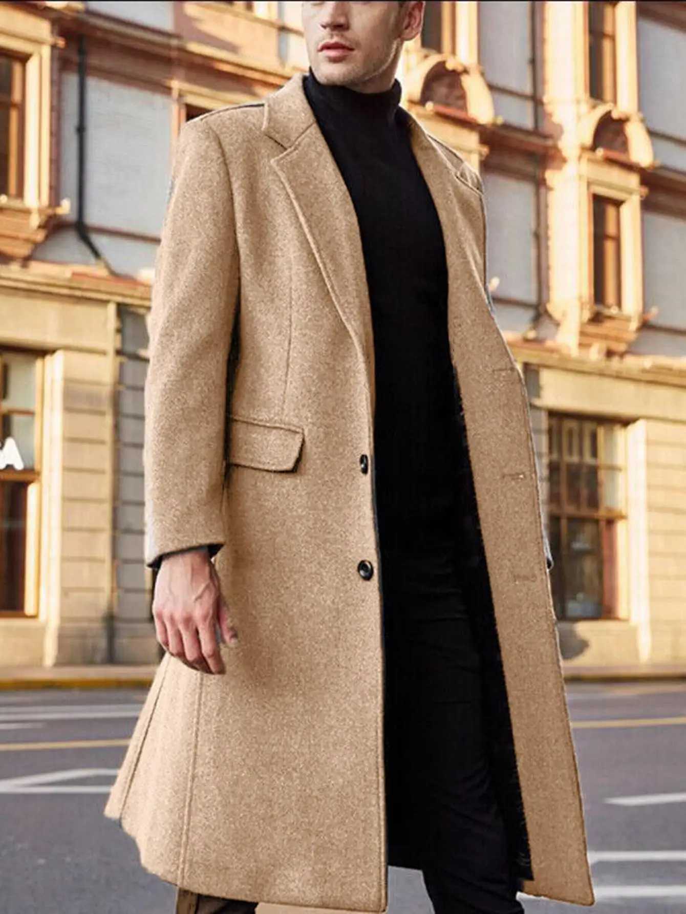 Mens British Style Long Wool Coat Classic Autumn Winter Trench CoatXJ250827