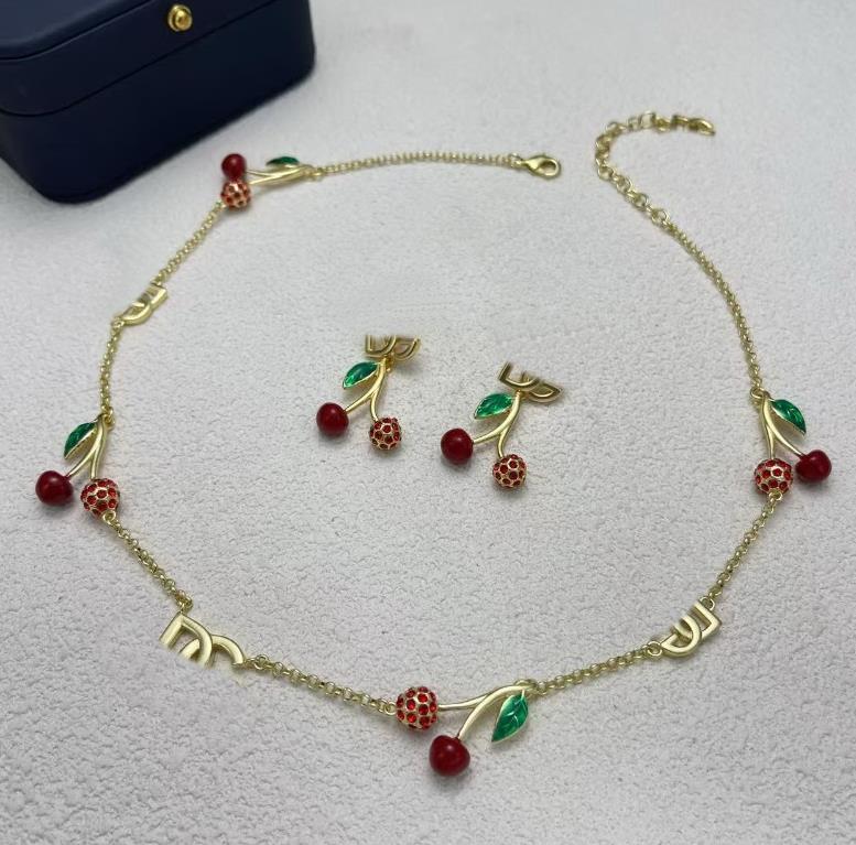 Clavicular Necklace New Designed women cherry letters pendant Necklaces gold Copper Plated earring fashion Designer Jewelry