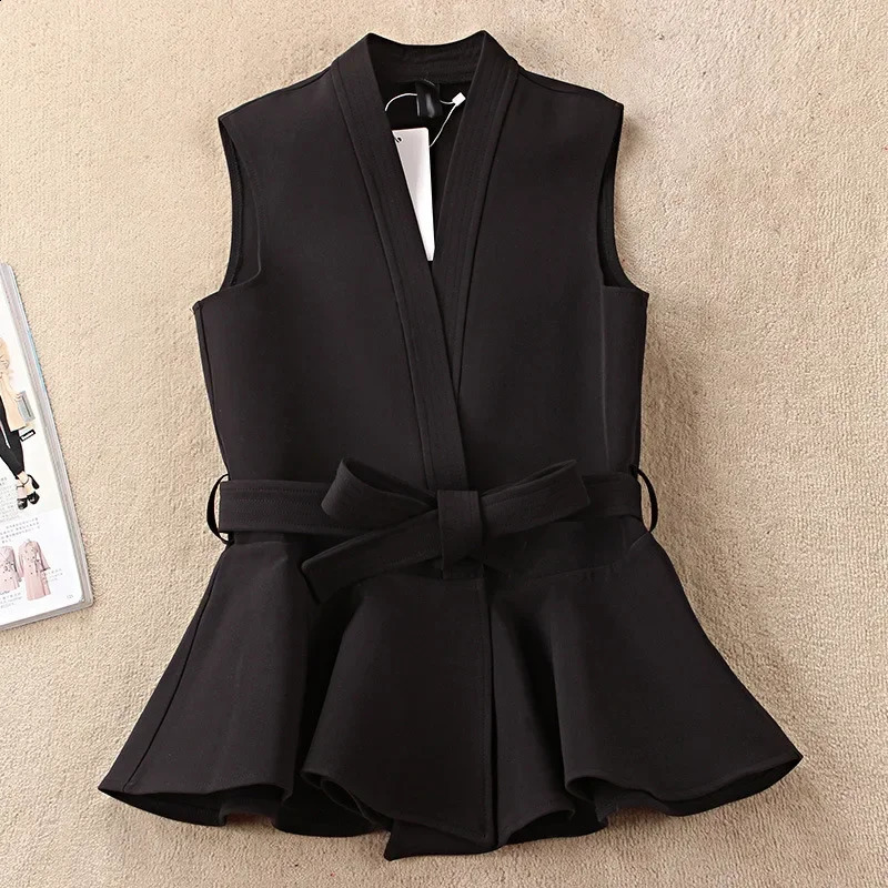2025 Womens Vest Sleeveless Peplum Belted Elegant Business Jacket for Spring and Summer Fashion Korean Style Black Waistcoat 250823