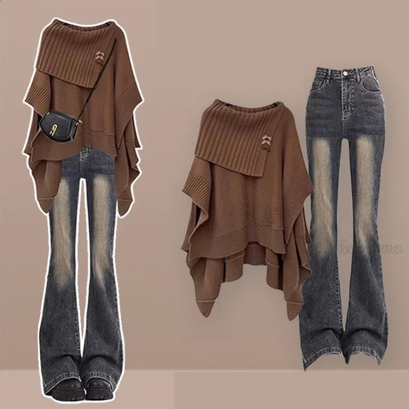 Womens AutumnWinter Retro Knit SmockMicro Horn Jeans Two Piece Suit Korean Elegant Loose Sweater Denim Pants Matching Set 250827