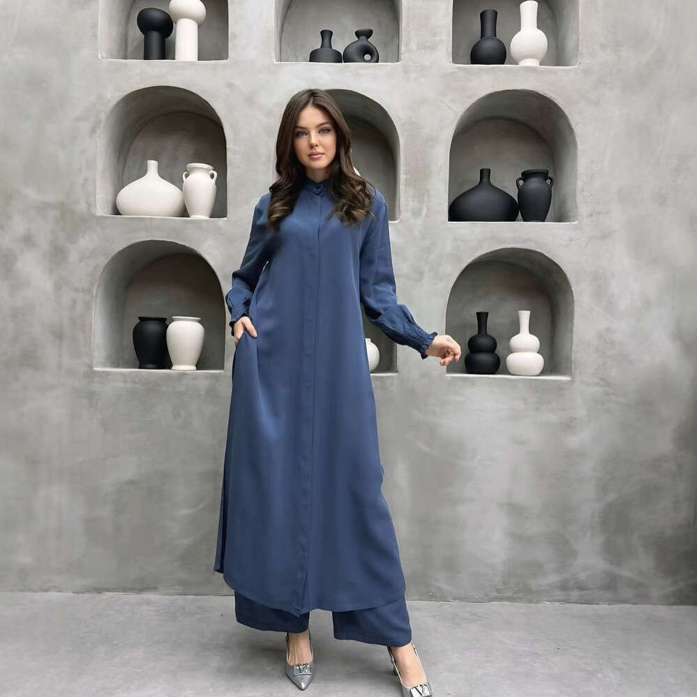 Bestseller Women's Fashion 2025 New Style Multi-Button Long Sleeve Split Stand Collar Shirt Casual Straight Pants Two-Piece Set Ddmylion
