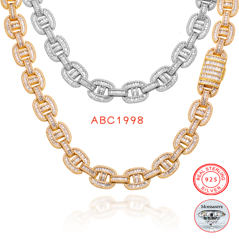 100% Pass Diamond Tester 15mm Gold Plated Silver 925 Baguette VVS Moissanite Iced Out Miami Cuban Link Chain Necklace