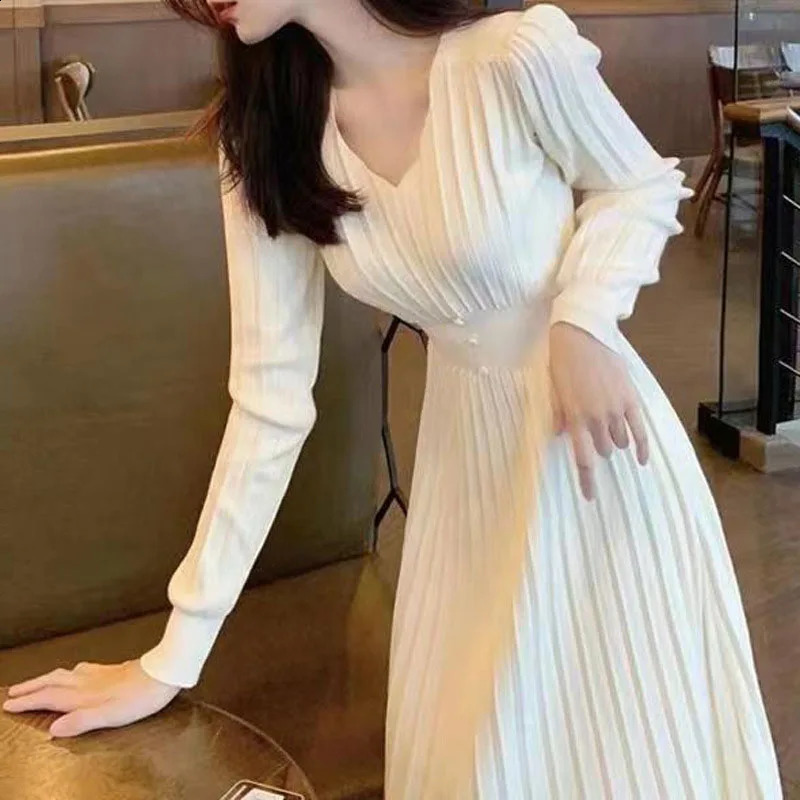Korean Chic High Waist Long Dress Women Elegant Streetwear Knitted Maxi Solid VNeck Sweater Party Vestidos 250827