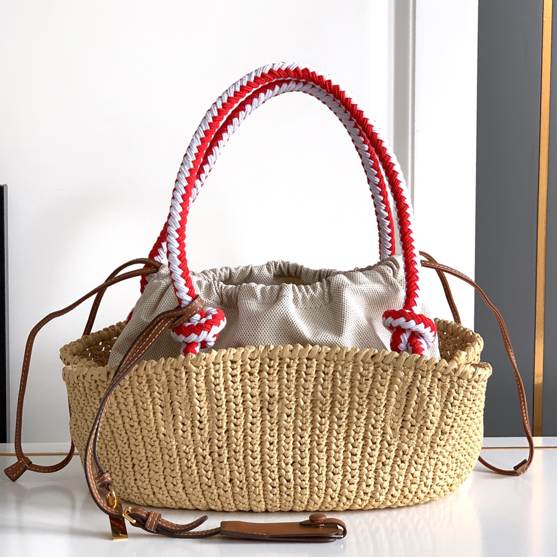 New 10A Small Crochet Bag Luxury Designer Straw Genuine Leather Shoulder Bag Cotton Cord Handles Clutch Bag Drawstring Closure Handbag Women Casual