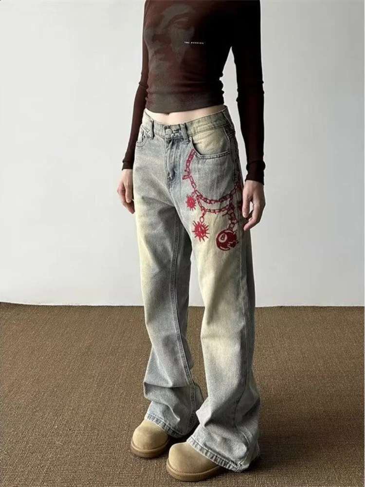 HOUZHOU Vintage Y2k y Jeans Women Grunge Baggy Washed American Retro High Waist Straight Denim Trouser Streetwear 250827